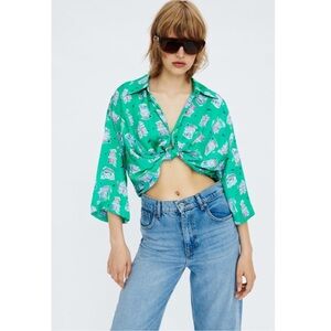 ZARA Green Print Knotted Front Blouse